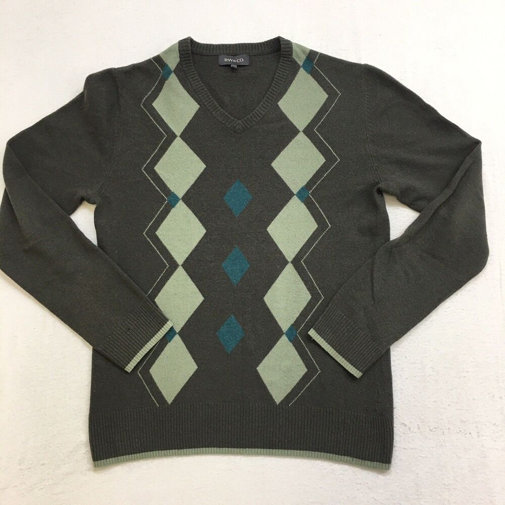 Vintage RW & CO Argyle Sweater Mens M Sage Green V Neck Long Sleeve Lambs Wool